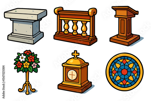 Cartoon church items: altar, pulpit, rail, flower stand, stained glass, tabernacle vector icon isolated illustration