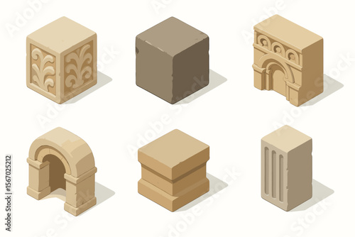 Isometric stone blocks and architectural elements on white background vector icon isolated illustration
