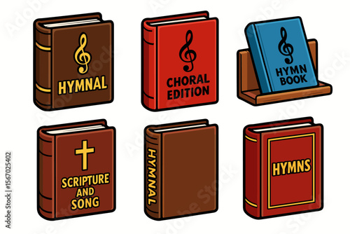 Collection of hymnals and religious music books on shelves vector icon isolated illustration
