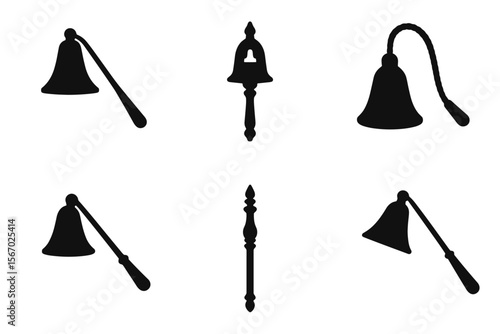 Silhouettes of bells and bell ringers with handles in various designs vector icon isolated illustration