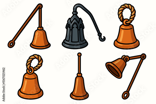 Collection of five rustic bells with varied designs and handles vector icon isolated illustration