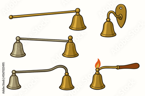 Vintage brass and metal candle snuffers collection illustrations vector icon isolated illustration