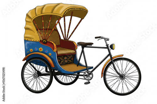 Colorful cycle rickshaw art representing street transport from Asia, perfect for cultural backgrounds, travel designs, and creative branding elements.