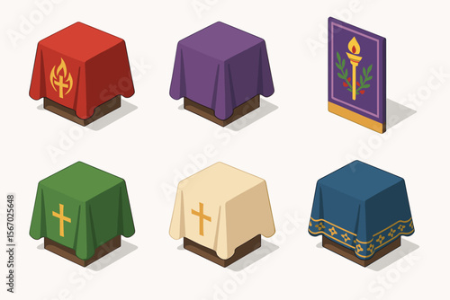 Six decorated altars with religious symbols and colors vector icon isolated illustration