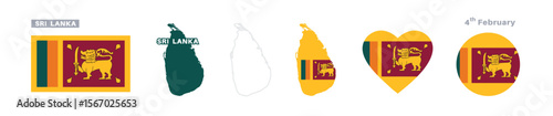 sri lanka flag and map set. sri lanka flag in official colors and proportions. independence day 4 february , map, circle and heart shaped sri lanka