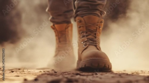 Sturdy boots kicking up dust