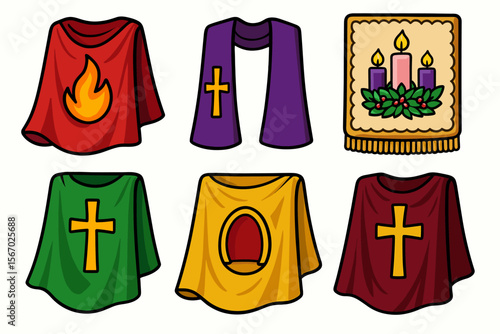 Christian liturgical vestments with symbols: cross, fire, candle, wreath vector icon isolated illustration