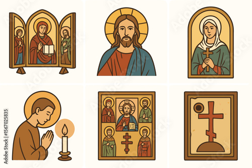 Religious iconography symbols of christian faith vector icon isolated illustration