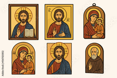 Orthodox christian icons of jesus, mary, and saints vector icon isolated illustration