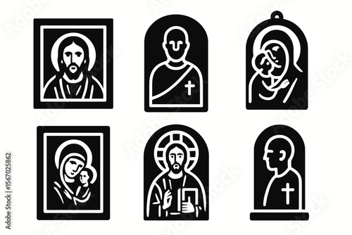 Religious icons: jesus and mary illustrations in black and white vector icon isolated illustration
