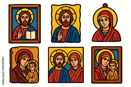 Christian icon art collection of jesus and mary figures vector icon isolated illustration