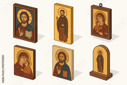 Religious icon art of saints and holy figures in traditional style vector icon isolated illustration