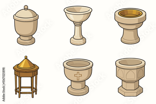 Collection of ornate stone baptismal fonts and urns vector icon isolated illustration