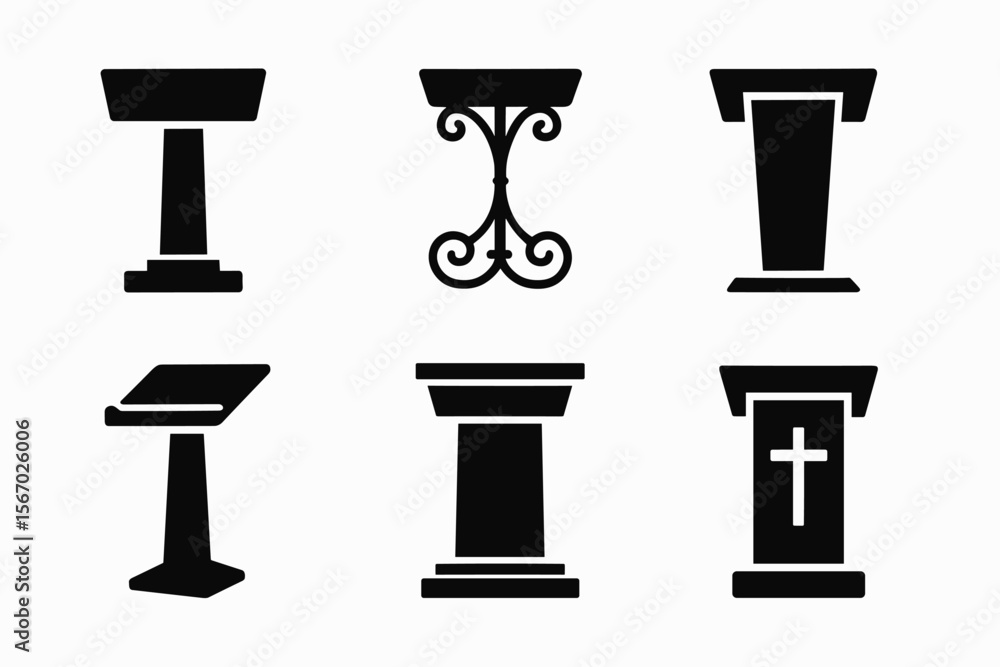 Naklejka premium Set of six black pulpit and lectern icons with religious symbols and designs vector icon isolated illustration