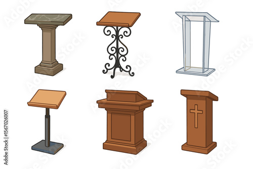 Collection of six diverse podium designs vector icon isolated illustration