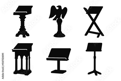 Silhouettes of six diverse music stands in various designs vector icon isolated illustration