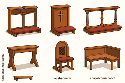 Collection of chapel furniture illustrations with benches and chairs vector icon isolated illustration