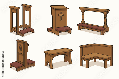 Collection of wooden church furniture designs for prayer and worship vector icon isolated illustration