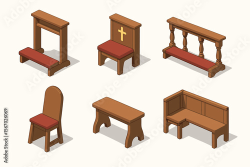 Isometric wooden church furniture collection with benches and chairs vector icon isolated illustration