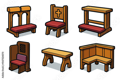 Assorted wooden church furniture collection with benches and chairs vector icon isolated illustration