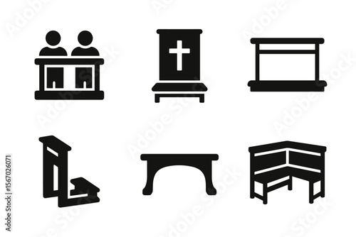 Courtroom icons: judge, jury, stand, podium, bench, rail in black silhouette vector icon isolated illustration