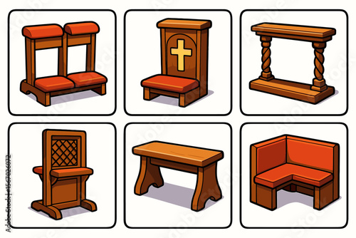 Illustrated church furniture set with wooden benches and confessionals vector icon isolated illustration