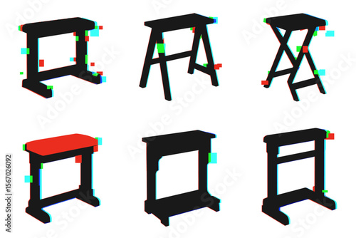 Set of glitch art desks and tables in black and red vector icon isolated illustration