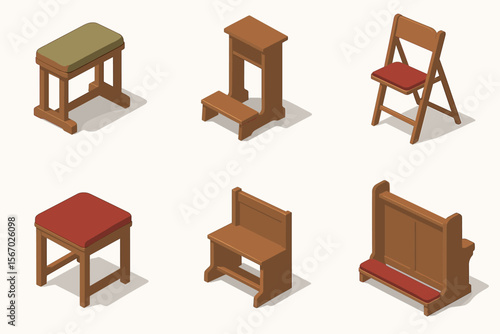 Wooden furniture set: stools and chairs with cushions vector icon isolated illustration