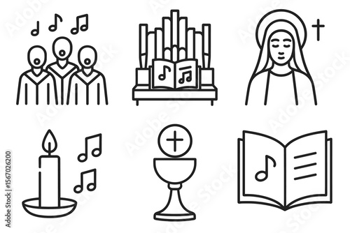 Religious symbols with choir, organ, candle, eucharist, hymn book, and saint icon vector icon isolated illustration