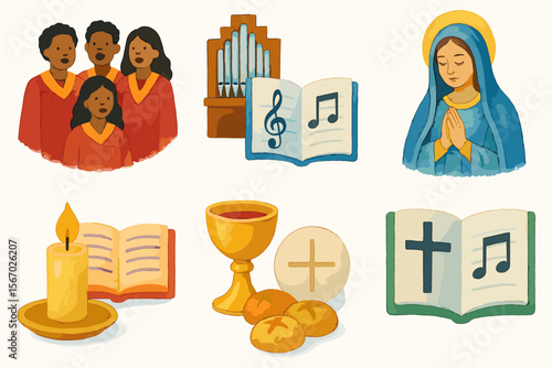 Religious symbols: choir, bible, music, virgin mary, candle, chalice, eucharist vector icon isolated illustration