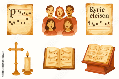 Choral hymns and religious symbols with choir and sheet music vector icon isolated illustration