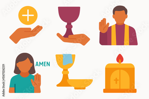 Illustrated symbols of catholic communion with diverse believers vector icon isolated illustration