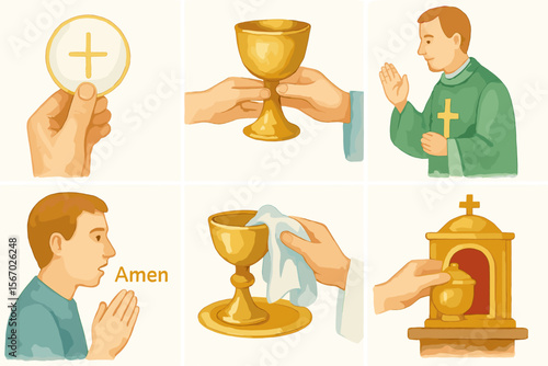 Catholic communion rituals illustrated with chalice and host vector icon isolated illustration