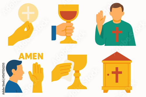 Catholic communion illustration with priest, chalice, and host elements vector icon isolated illustration