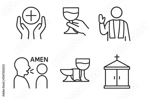 Christian communion symbols: eucharist, chalice, priest, blessing, church vector icon isolated illustration