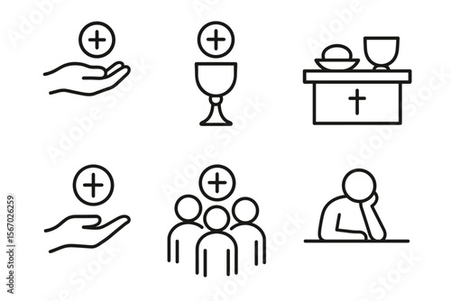 Outline icons of communion symbols and church activities vector icon isolated illustration