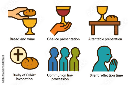 Christian communion ritual symbols - bread, wine, chalice, altar, reflection, invocation vector icon isolated illustration
