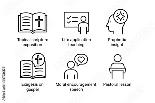 Christian teachings: scripture exposition, life application, prophetic insight, gospel, moral encouragement, pastoral lesson vector icon isolated illustration