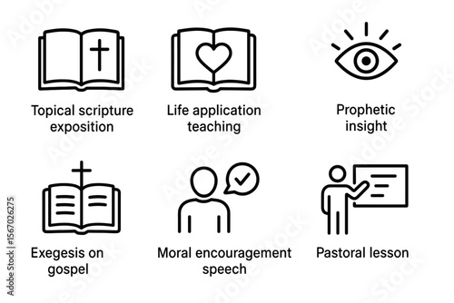 Religious icons: scripture, teaching, insight, exegesis, encouragement, pastoral lesson vector icon isolated illustration
