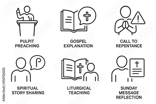 Church activities icons: preaching, gospel, repentance, spiritual story, liturgical teaching, sunday reflection vector icon isolated illustration