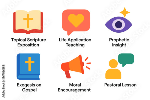Biblical education icons: scripture, teaching, insight, exegesis, encouragement, pastoral vector icon isolated illustration