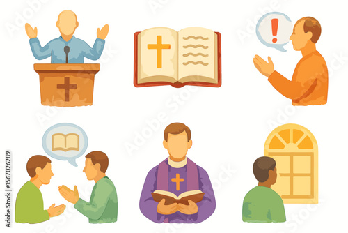 Religious icons set with bible, cross, and diverse figures in discussion vector icon isolated illustration