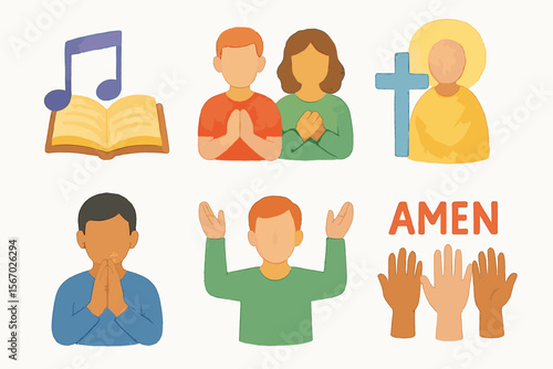 Watercolor prayer and worship symbols with diverse figures and religious icons vector icon isolated illustration