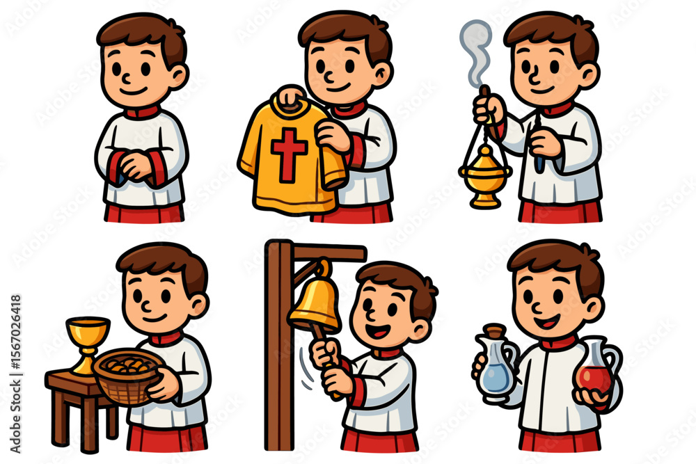 Young caucasian male altar server engages in traditional church rituals vector icon isolated illustration Young caucasian male altar server engages in traditional church rituals vector icon isolated illustration