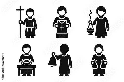 Church roles icons set: clergy and ritual symbols vector icon isolated illustration