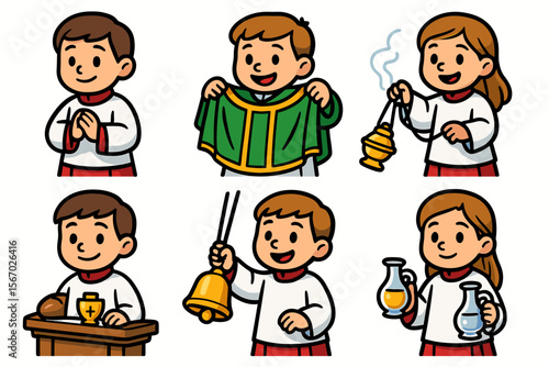 Cartoon children in church attire and activities - boys and girls with objects vector icon isolated illustration