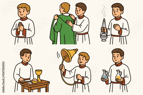 Young caucasian male altar server in church activities illustration vector icon isolated illustration