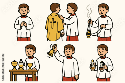 Altar server duties illustrations - young caucasian male performing church tasks vector icon isolated illustration