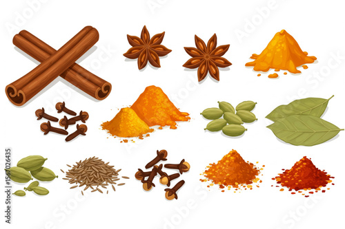 Appealing design presents a collection of common cooking spices including cinnamon, anise, turmeric, cardamom, and cloves in an appetizing, decorative style.