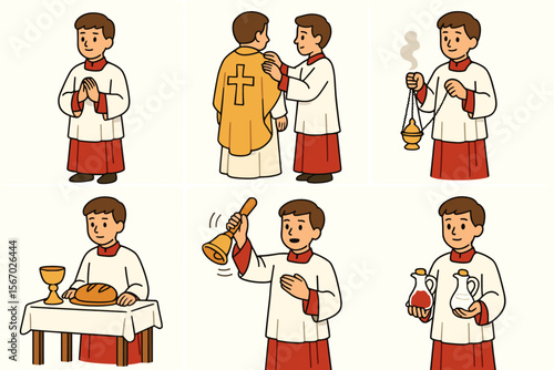 Young caucasian male altar boy performing church duties in various activities vector icon isolated illustration
